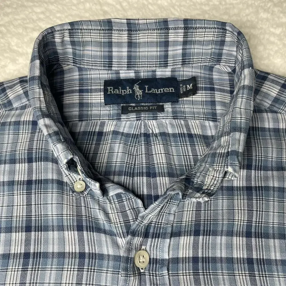 Ralph Lauren Polo Logo Classic Fit Mens M Short Sleeve Blue Plaid Button Down